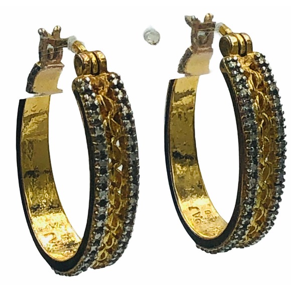 PAJ 88 Gold Plated Oval Hoop Diamond Earrings - Picture 1 of 8